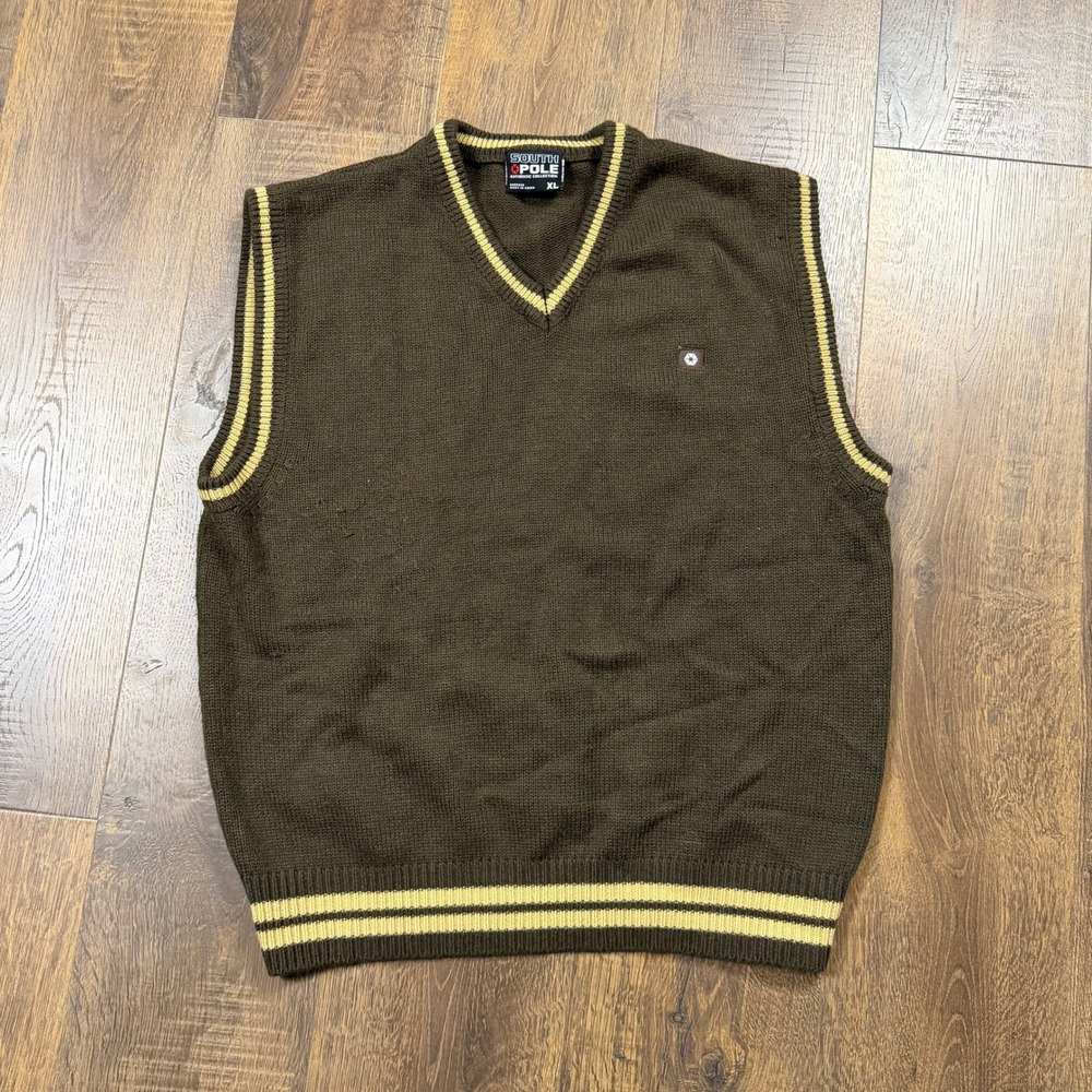 Vintage Y2K South Pole Sweater Vest Mens XL Brown Tan Striped V Neck Preppy